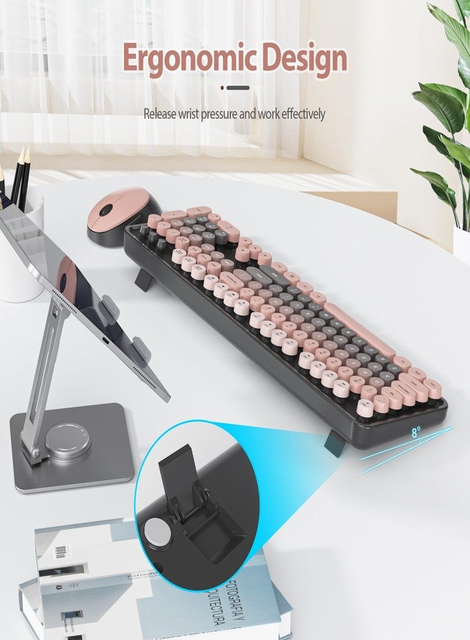 Owpkeenthy لوحة مفاتيح وماوس لاسلكيان بتصميم ريترو، لوحة مفاتيح ملونة لطيفة بتصميم آلة كاتبة ريترو، كاملة الحجم مع لوحة أرقام ومفاتيح دائرية لأجهزة الكمبيوتر المكتبية والمحمولة (تدرج لوني هيمي) - Image 5