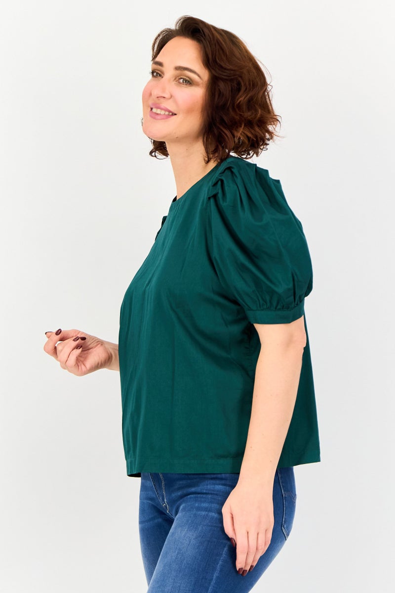 Levi's بلوزة نسائية بياقة دائرية وأكمام قصيرة، خضراء - Image 3