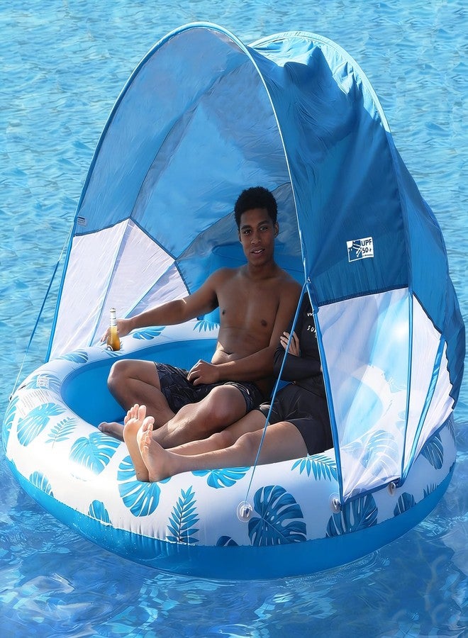 COOLCOOLDEE Inflatable Pool Float with Canopy,2 Person Floating Island,Extra Large with Sun Shade,Blue - Image 1