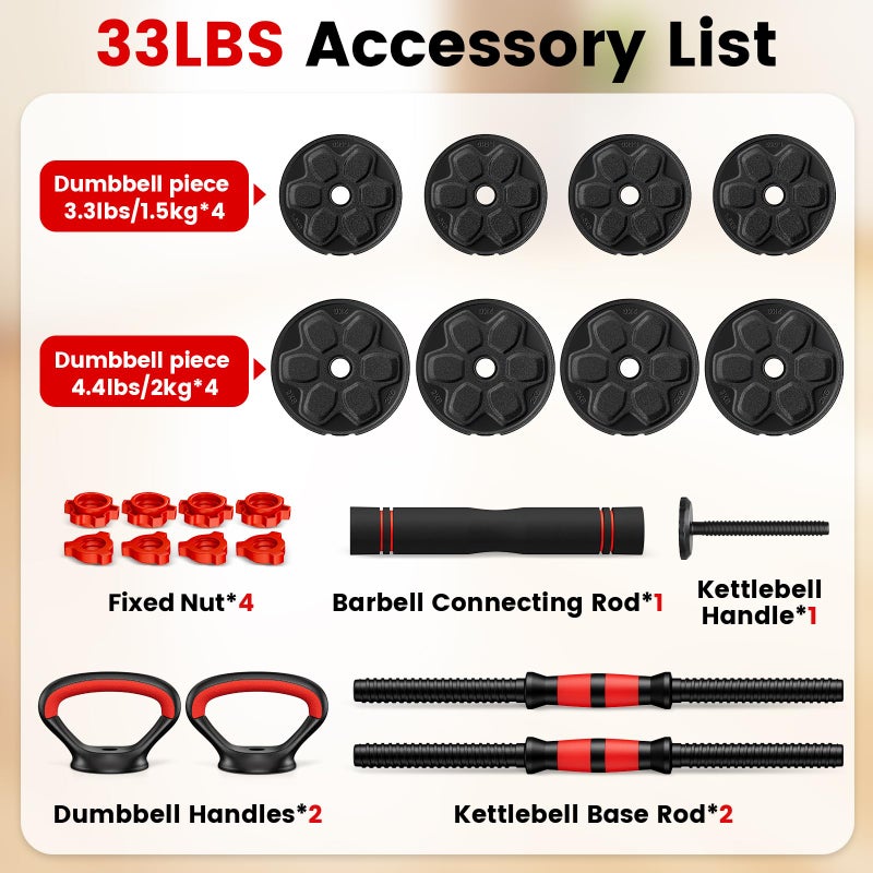 BDSHE Adjustable Dumbbell Set, 33lbs Free Weight Set with Upgraded Nut,4 in1 Dumbbells Set Used as Barbell, Kettlebells, Push up Stand, Weight Set for Home Gym Suitable Men/Women - Image 3