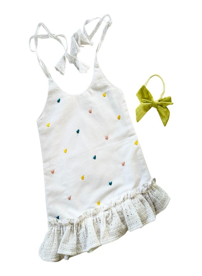 Picksparrow فستان قطني للرضع من ماركة Picksparrow مع عصابة رأس (مطرز يدويًا) (من 0 إلى 6 أشهر، بنقشة قلوب) - Image 1