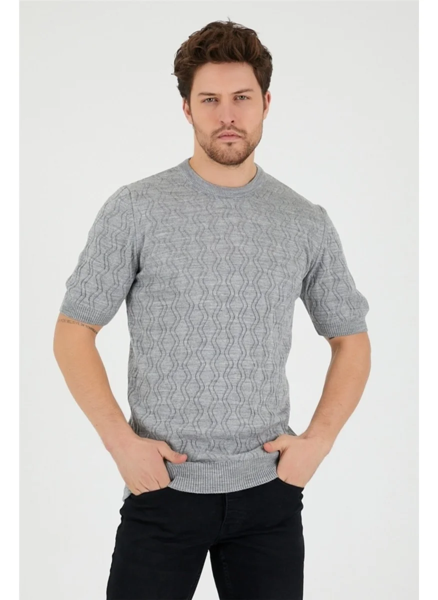 Cool Tarz Cool Style Gray Men's Round Neck Patterned Knitted T-Shirt