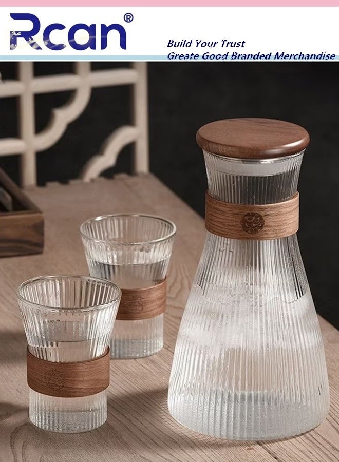 ركان طقم أباريق زجاجية سعة 1600 مل مع غطاء، إبريق ماء واحد، إبريق عصير وشاي مثلج، كوب قهوة زجاجي سعة 300 مل، كوبان شاي موس مع عزل حراري، رقائق خشبية، خطوط عمودية - Image 1