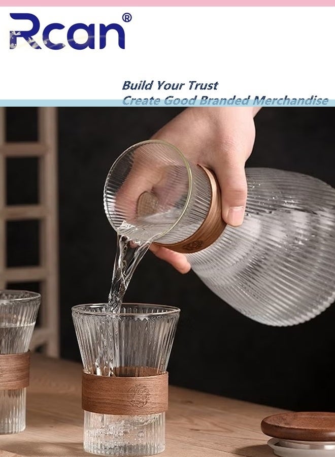 ركان طقم أباريق زجاجية سعة 1600 مل مع غطاء، إبريق ماء واحد، إبريق عصير وشاي مثلج، كوب قهوة زجاجي سعة 300 مل، كوبان شاي موس مع عزل حراري، رقائق خشبية، خطوط عمودية - Image 2