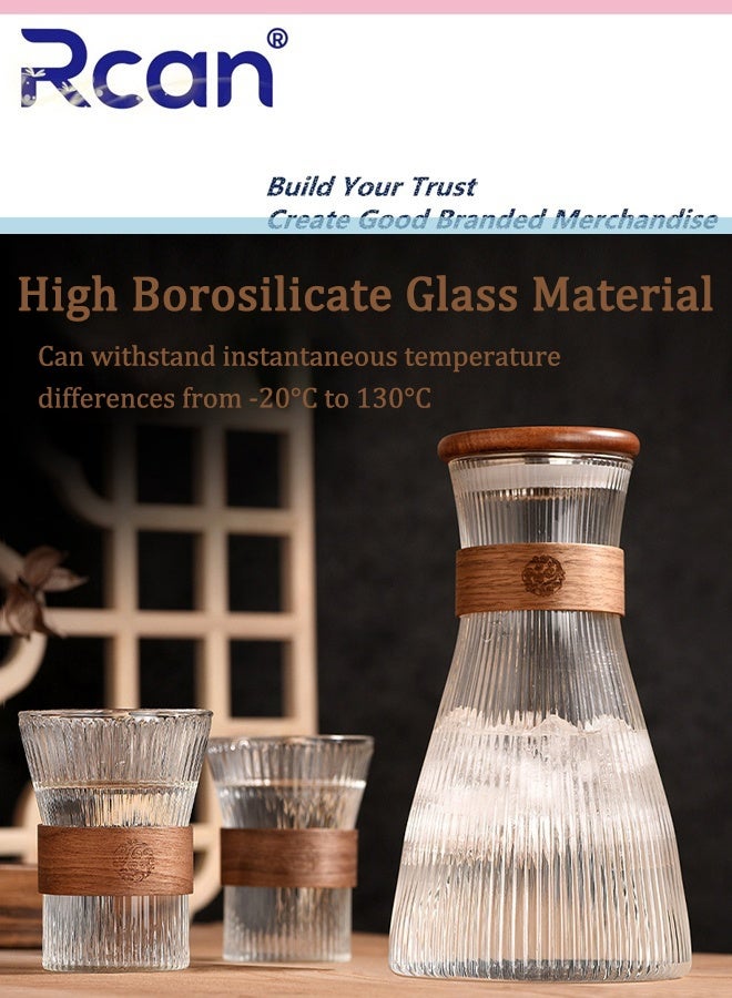 ركان طقم أباريق زجاجية سعة 1600 مل مع غطاء، إبريق ماء واحد، إبريق عصير وشاي مثلج، كوب قهوة زجاجي سعة 300 مل، كوبان شاي موس مع عزل حراري، رقائق خشبية، خطوط عمودية - Image 3