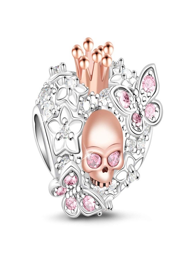 GNOCE Heart Skull Charm 925 Sterling Silver Rose Gold Plated Skull Queen & Butterfly Bead Charms Fits Bracelets Necklaces for Women - Image 1