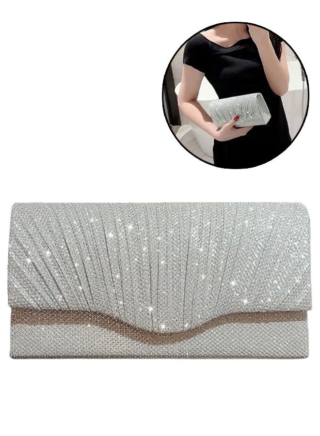 النساء لامعة بريق ليلة حقيبة المقابط، حقيبة اليد مظرف سلسلة حقيبة، حقيبة كروسبودي لحفلة الزفاف الرسمية، الفضة - Image 1