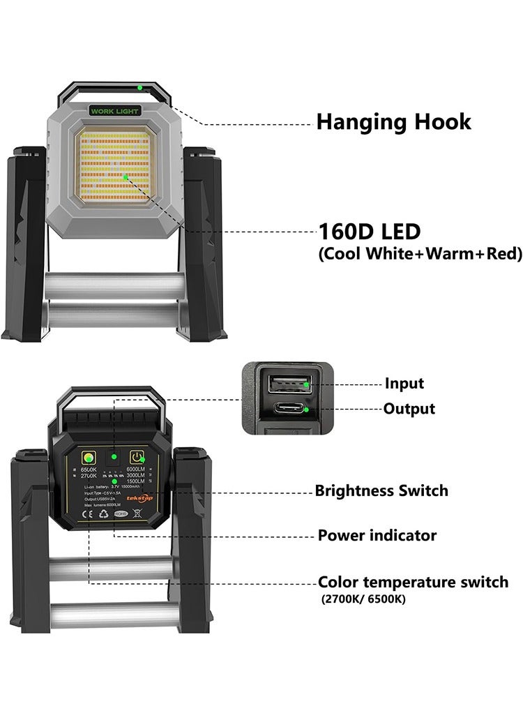 MR.SMART Mr Smart LED Work Light with Stand, 15000mAh Battery, 160 LED, 3 Brightness Modes, USB Charging Port - Image 2