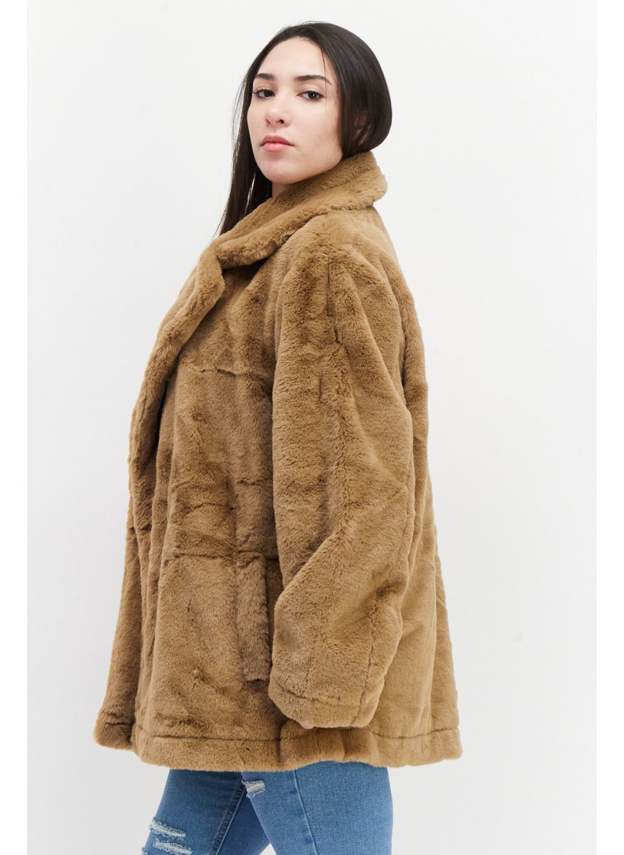 French Connection - Women Faux Fur Long Sleeve Trench Coat, Brown - Image 1