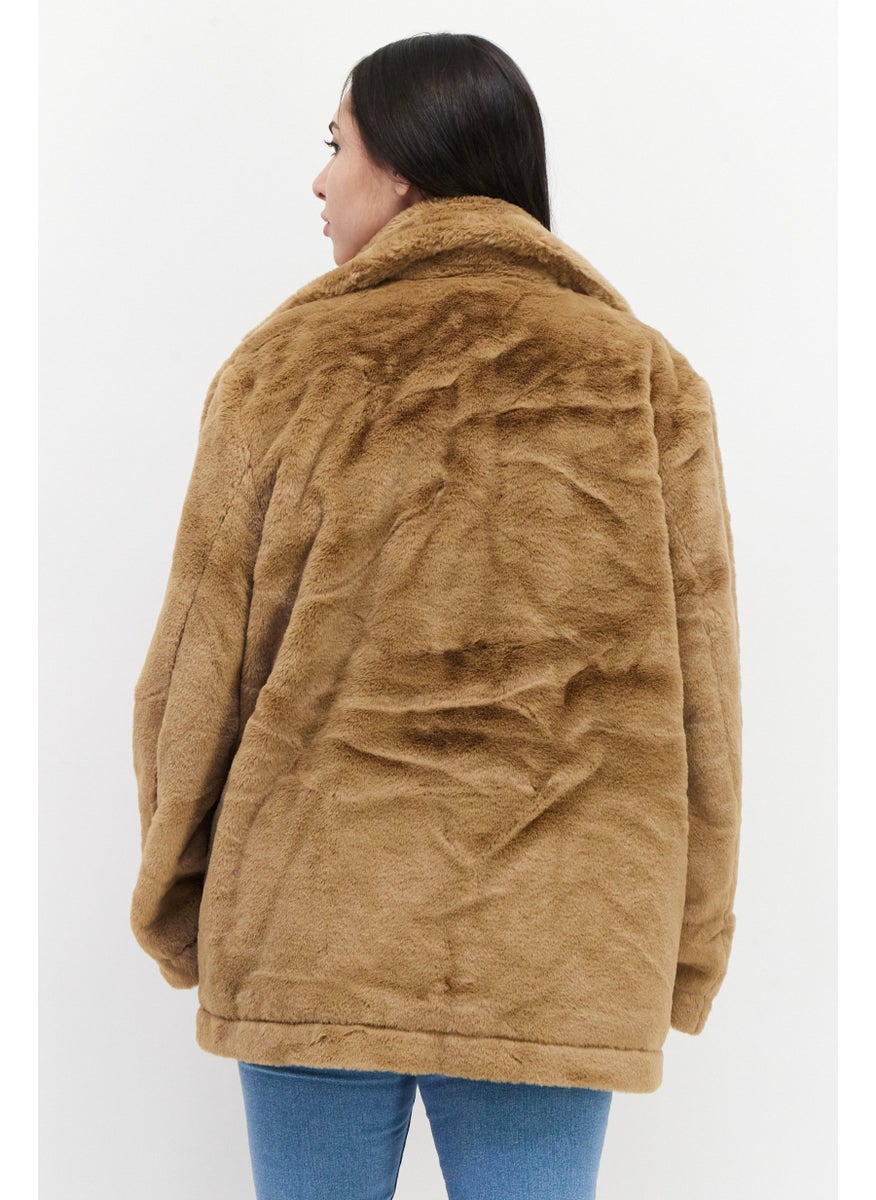 French Connection - Women Faux Fur Long Sleeve Trench Coat, Brown - Image 1