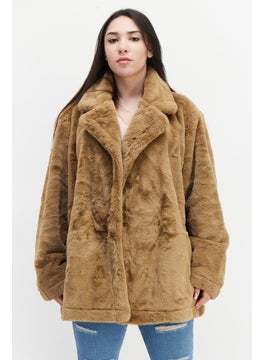 Women Faux Fur Long Sleeve Trench Coat, Brown
