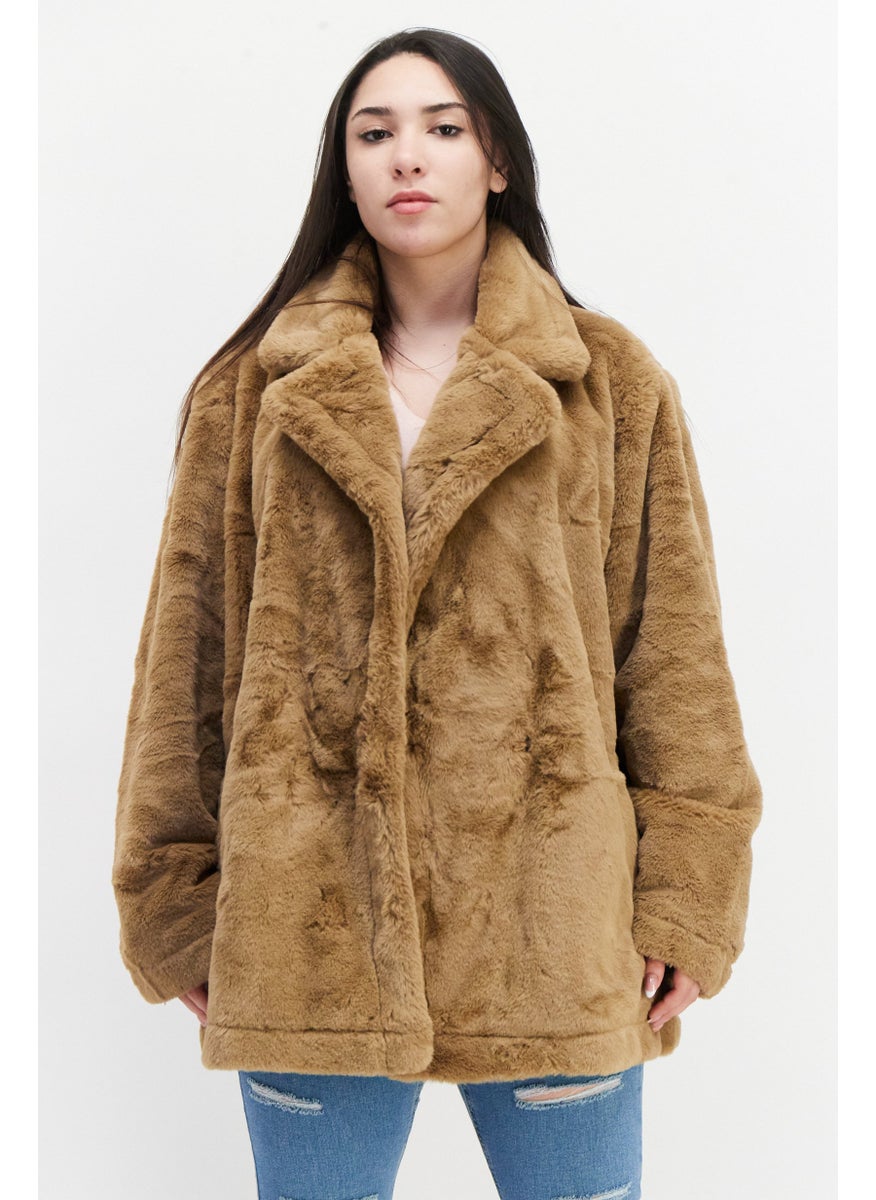 French Connection - Women Faux Fur Long Sleeve Trench Coat, Brown - Image 1