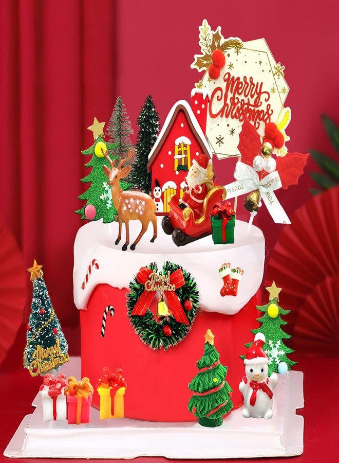 BANBALLON 25pcs Christmas Cake Topper Merry Christmas Cake Decorations Cupcake Toppers with Craft Tree Mini Santa Sleigh Reindeer, Snowman Cake Decoration and Xmas Miniature Ornaments - Image 1