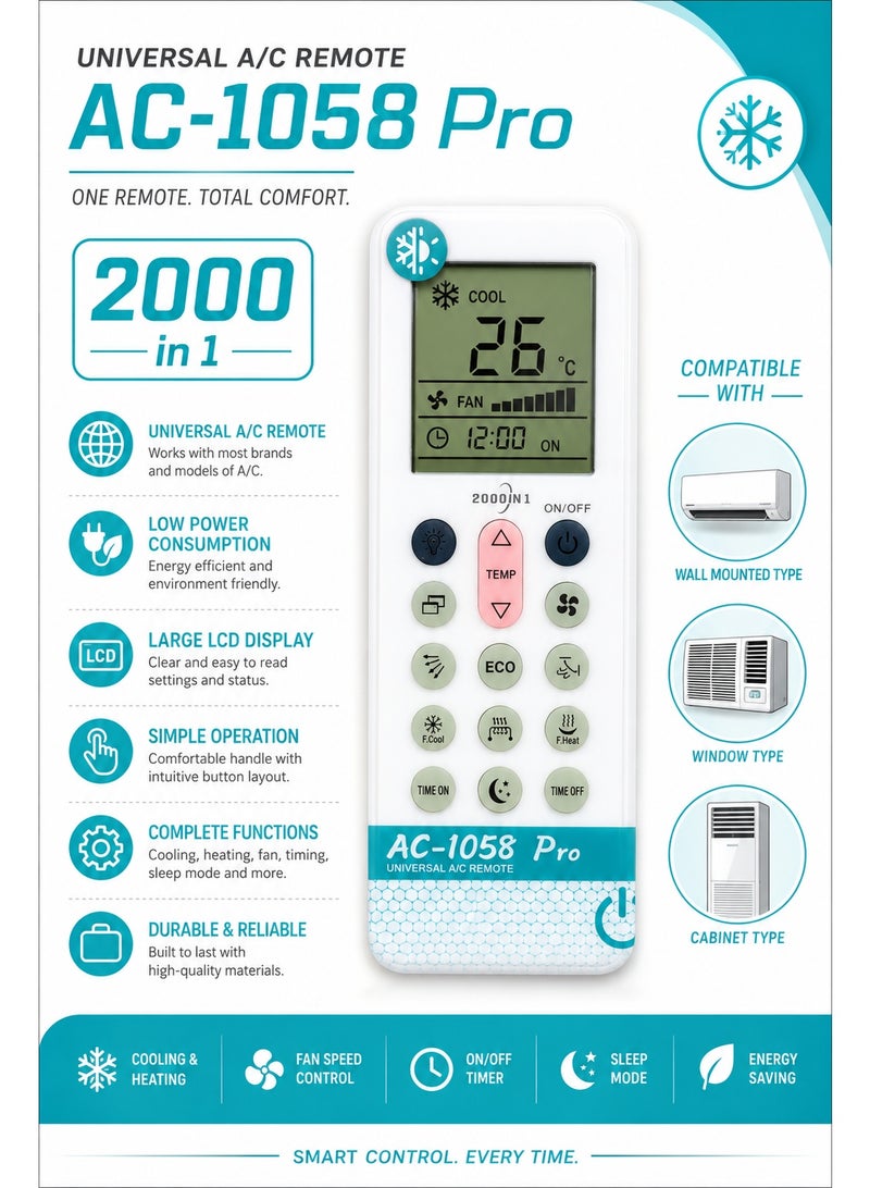 ريموت مكيف عالمي AC-1058 Pro، جهاز تحكم للمكيفات 2000 في 1 مع شاشة LCD كبيرة، ريموت تكييف للتبريد والتدفئة والمروحة والمؤقت ووضع ECO - Image 3