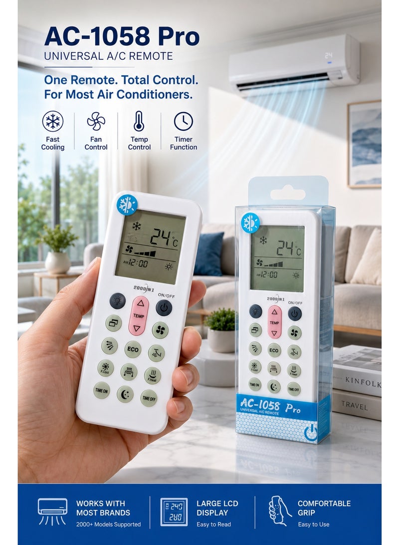 ريموت مكيف عالمي AC-1058 Pro، جهاز تحكم للمكيفات 2000 في 1 مع شاشة LCD كبيرة، ريموت تكييف للتبريد والتدفئة والمروحة والمؤقت ووضع ECO - Image 5
