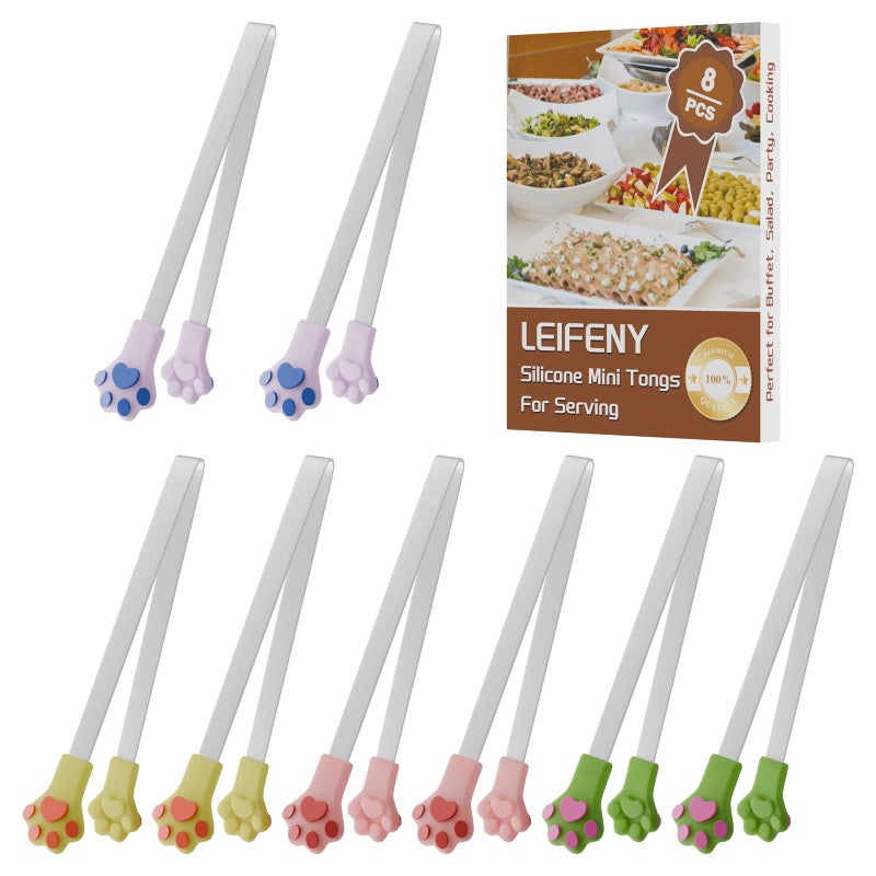 LEIFENY 8PCS Silicone Mini Tongs, 5.3 Inches Cat Paw Shape Small Food Tongs for Kids, Ideal for Serving Snack, Sugar Cube, Ice Cube, Candy, Cookie, Fruits (4 Color) - Image 1