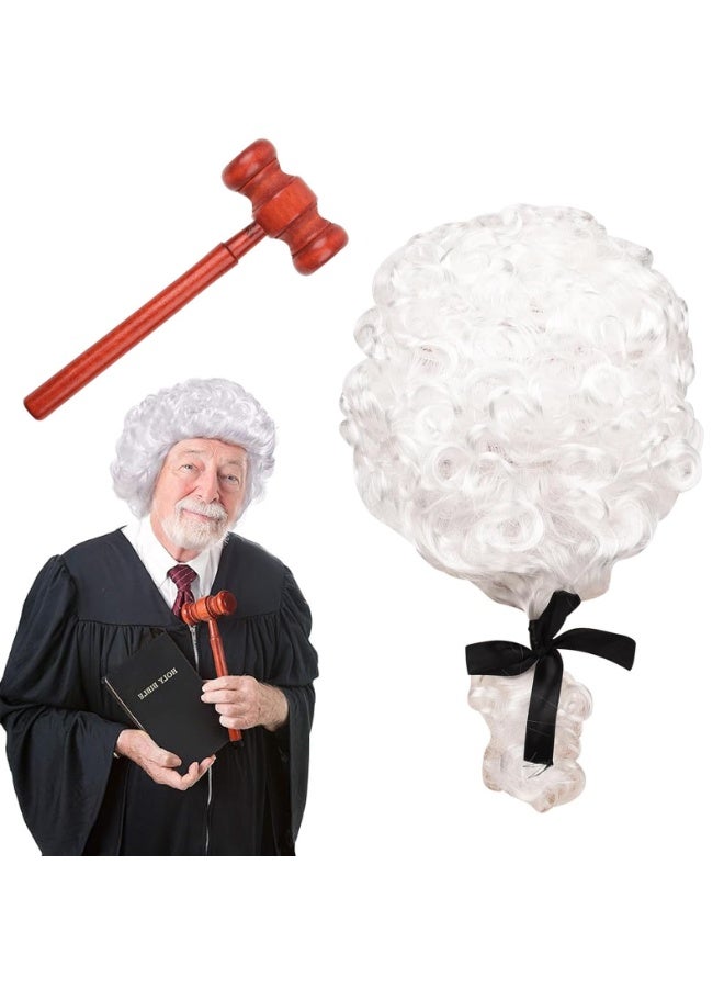 OSHIMA 2 Pcs Judge Wig And Gavel Judge Costume Accessories Court Lawyer Party Costume Accessories for Halloween Cosplay Role-playing Halloween Costume Theme Party, M - Image 1
