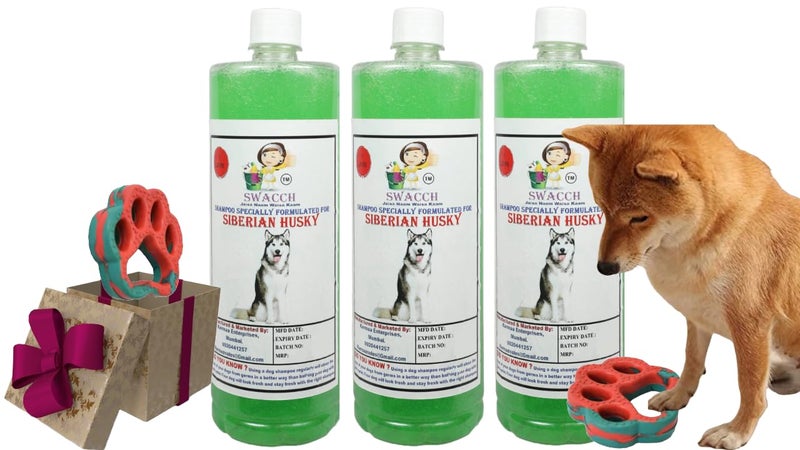 swacch Siberian Husky Dog Shampoo + Paw Shape I Rubber Dog Toy for Training and Interactive I Durable & Safe I Combo Pack I 3 Litre Neem Alovera - Image 1