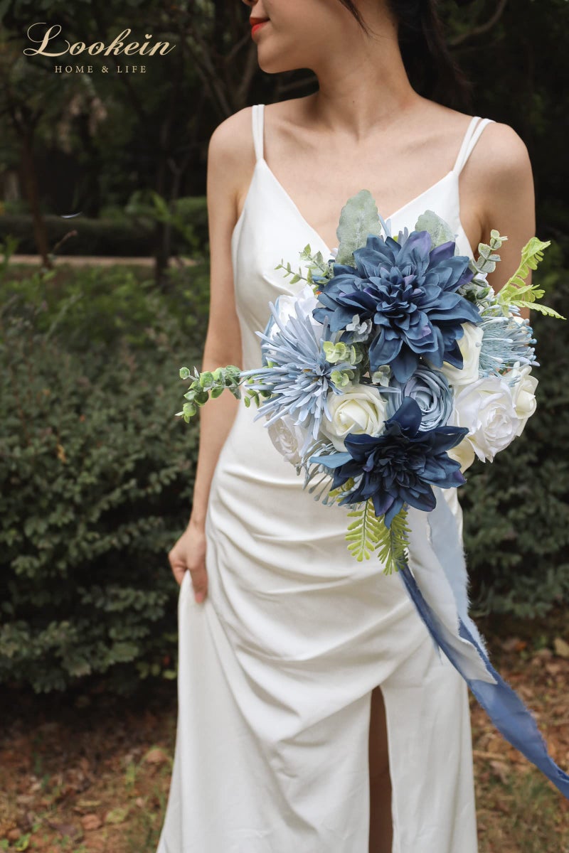Lookein Artificial Flowers For Diy Wedding Decoration Bridal Bouquet Table Centerpieces Flower Garland Wreaths Aisle Arch Flower Decoration Home Decor  Retro Dusty Blue - Image 3