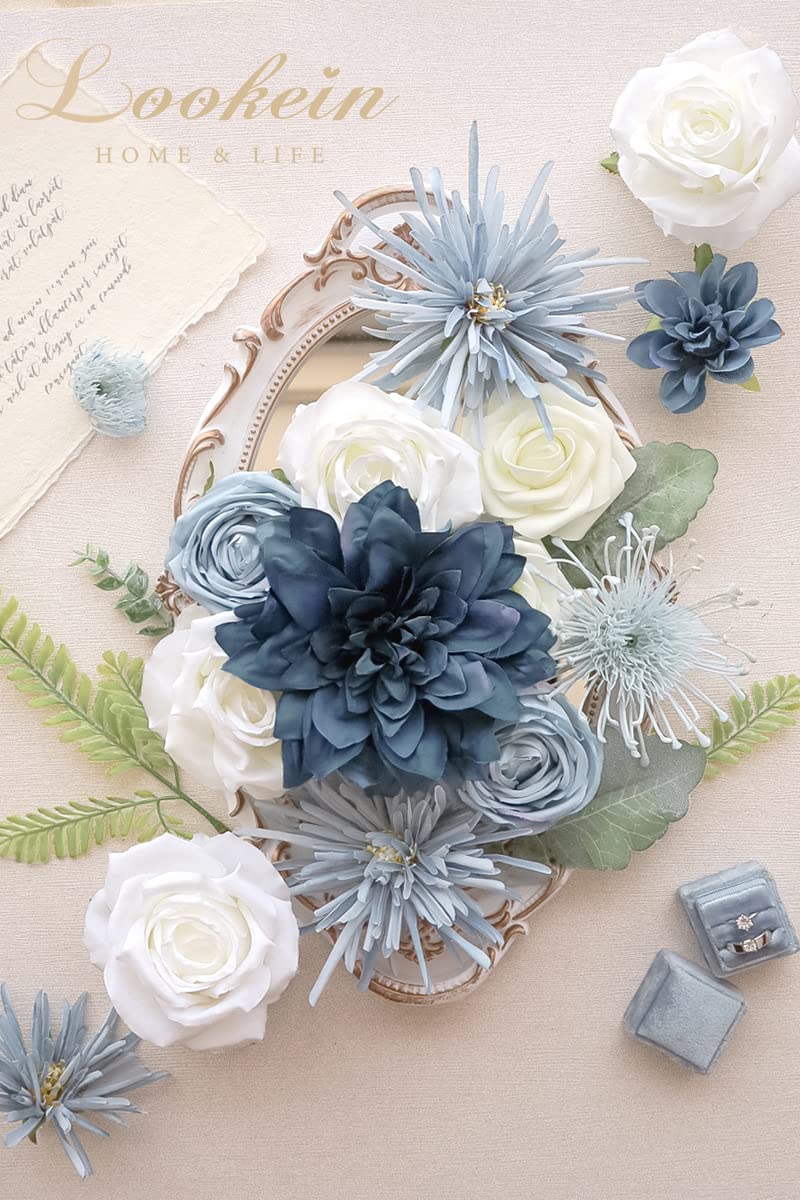 Lookein Artificial Flowers For Diy Wedding Decoration Bridal Bouquet Table Centerpieces Flower Garland Wreaths Aisle Arch Flower Decoration Home Decor  Retro Dusty Blue - Image 2