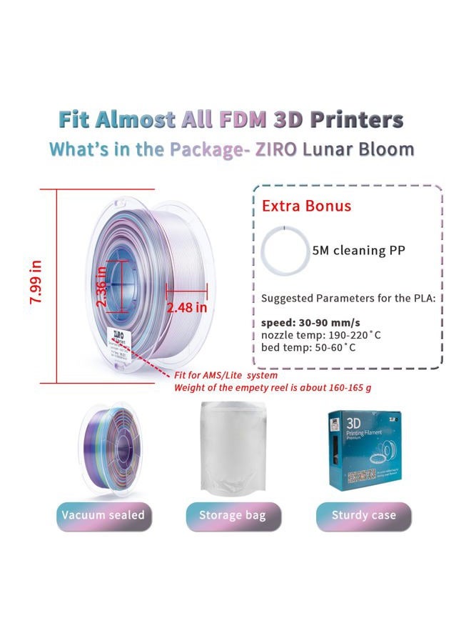 ZIRO Silk Multicolor PLA Filament 1.75mm, Silk Tri-Colors Rainbow 3D Printer Filament, Dimensional Accuracy +/-0.03mm, Fit Most FDM 3D Printer, 1KG Spool, Lunar Bloom - Image 5