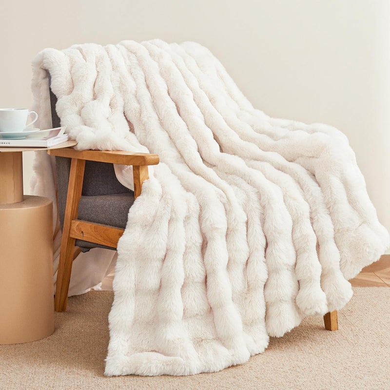 Admitrack Faux Rabbit Fur Throw Blanket for Couch  Fluffy Warm Plush Thick Bubble Blanket for Bed Sofa Living Room  Soft Cozy Furry Blanket  50x60 inches  Cream White - Image 1