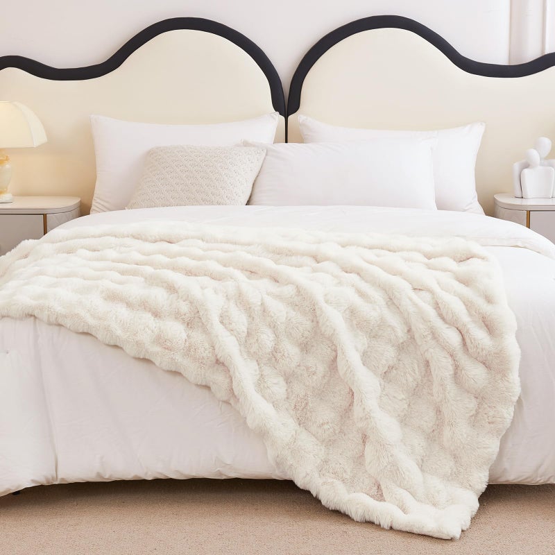 Admitrack Faux Rabbit Fur Throw Blanket for Couch  Fluffy Warm Plush Thick Bubble Blanket for Bed Sofa Living Room  Soft Cozy Furry Blanket  50x60 inches  Cream White - Image 5