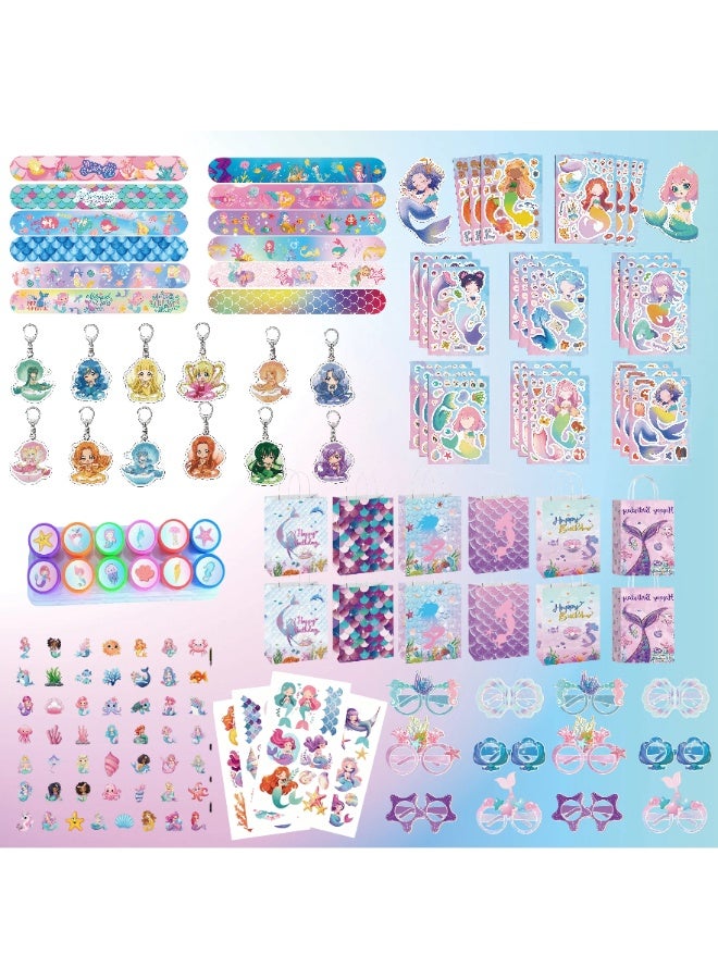 Mermaid Party Favors Set, All-in-One Mermaid Themed Party Supplies with 12 Toy Wristbands, 12 Gift Bags, 12 Keychains, 50 PCS Stickers, 12 Party Glasses, 10 Temporary Tattoos, 8 Face Swap Stickers and 12 Stamps, Goodie Bag Fillers, Birthday Decorations for Kids Mermaid Themed Party