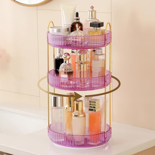 Aveniee Rotating Makeup Organizer for Vanity Perfume Skincare Organizerss Large Spinning Bathroom Counter Shelf Holder for Cosmetics Skin Care Lipsticks3 Tiers Purple - Image 1