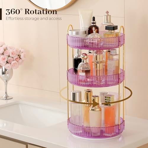 Aveniee Rotating Makeup Organizer for Vanity Perfume Skincare Organizerss Large Spinning Bathroom Counter Shelf Holder for Cosmetics Skin Care Lipsticks3 Tiers Purple - Image 3