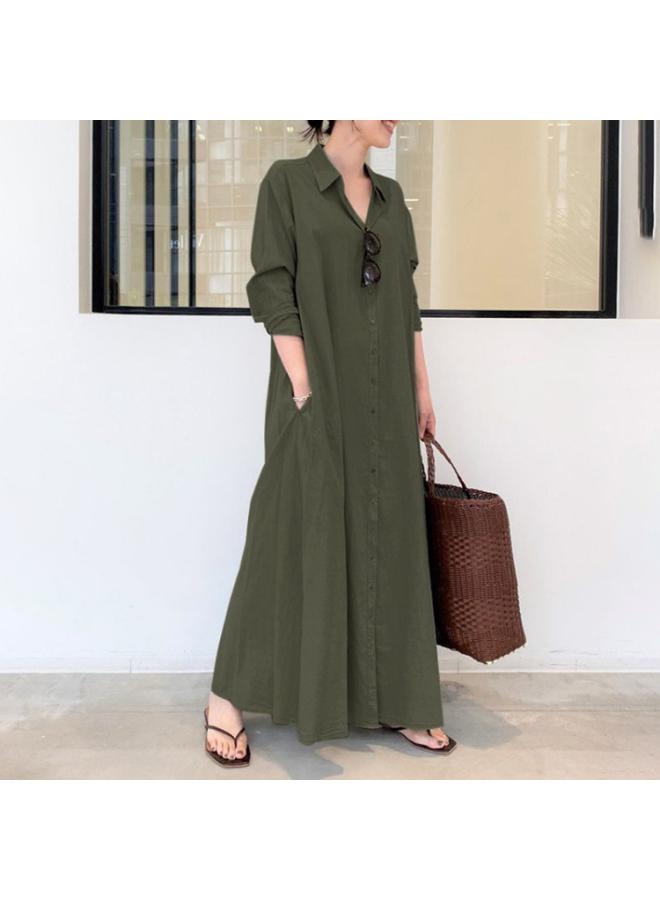 Large Size Women's New Muslim Spring And Autumn Long Sleeve Simple Loose Casual Long Lapel Shirt Dress