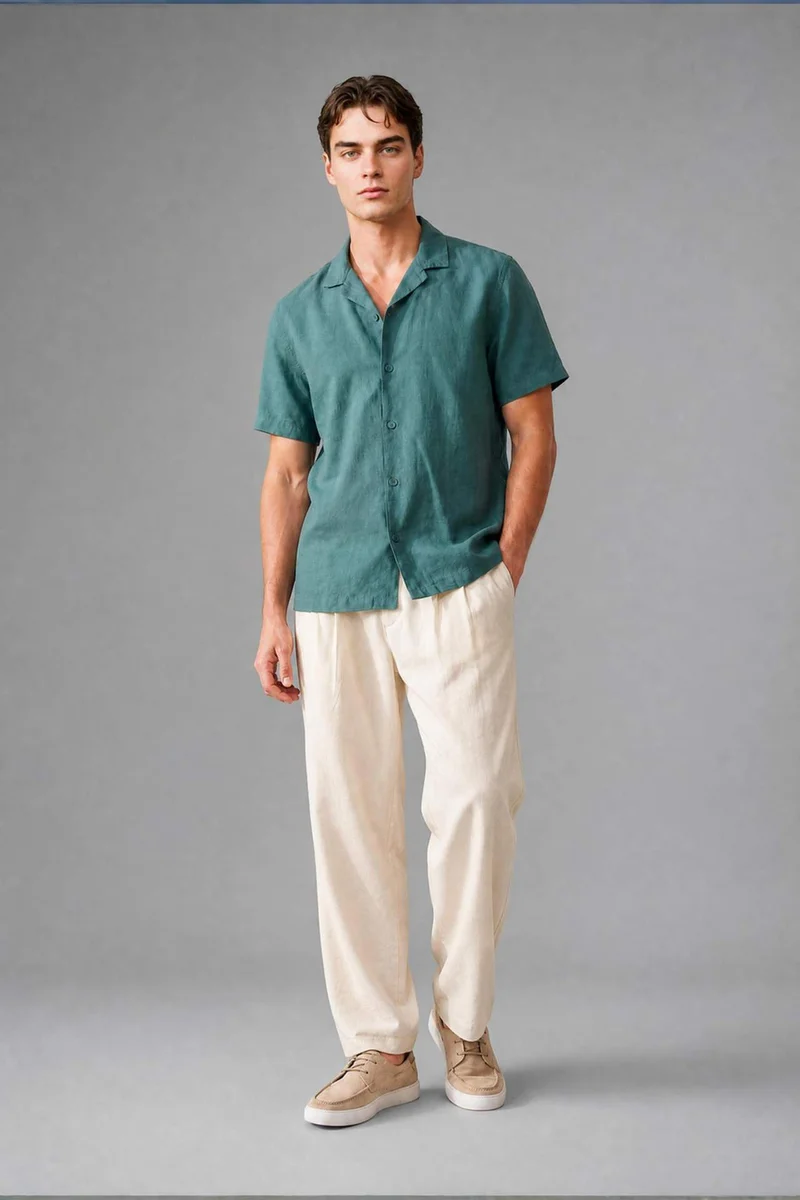 ديفاكتو Regular Fit Resort Neck Linen Blended Short Sleeve Shirt