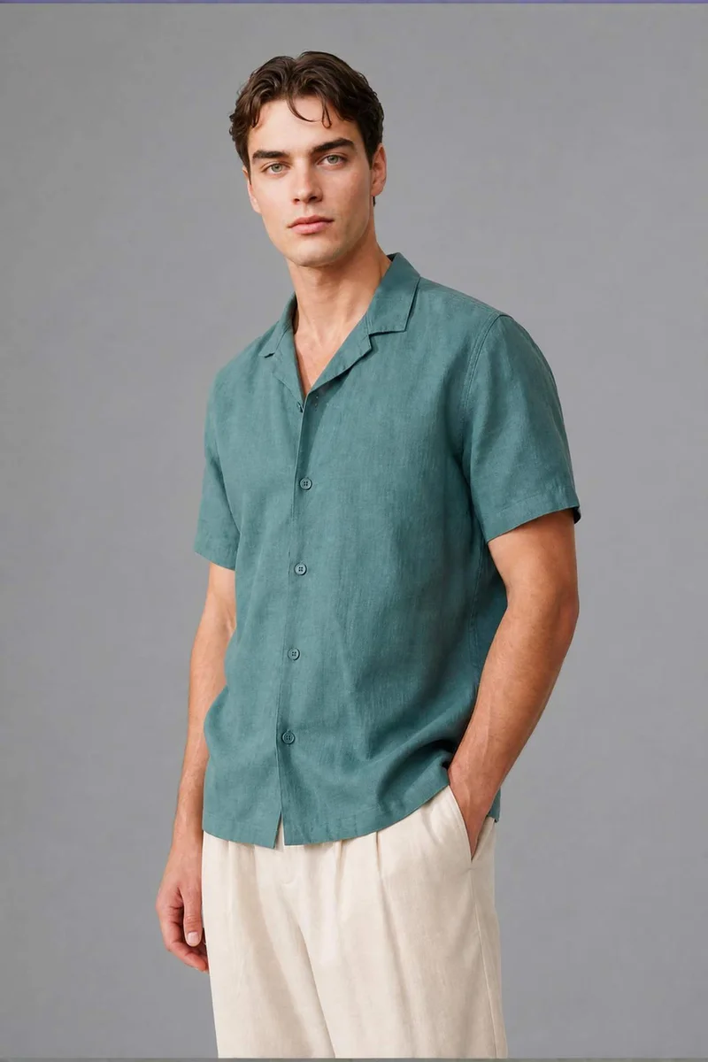 Regular Fit Resort Neck Linen Blended Short Sleeve Shirt