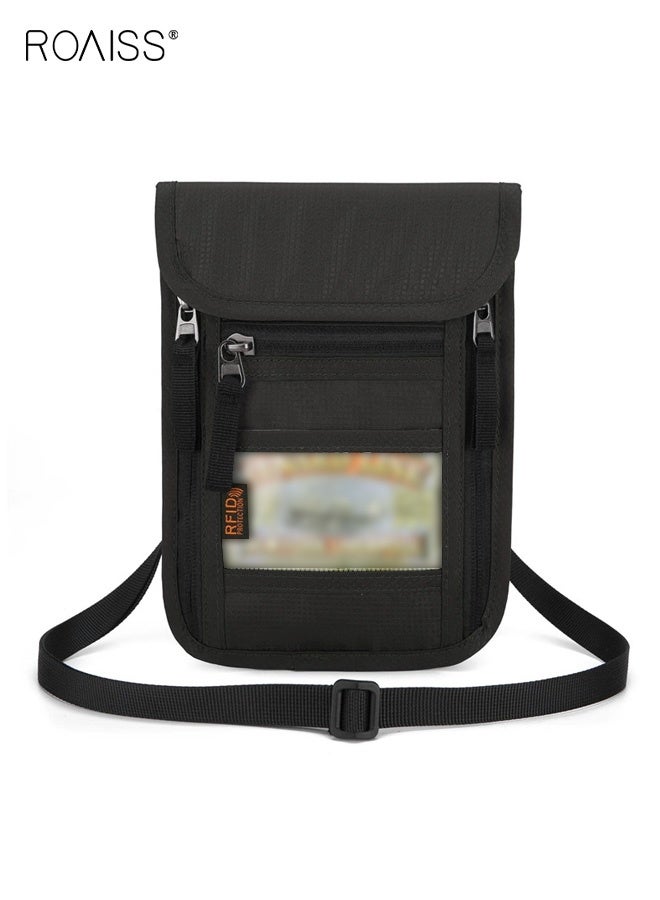 roaiss Unisex Passport Holder with Zipper , Travel-Ready Anti-Theft & Scratch-Resistant Passport Case, Multifunctional RFID Neck Pouch in Oxford Cloth, Minimalist Crossbody Bag, Portable Storage, Black - Image 1