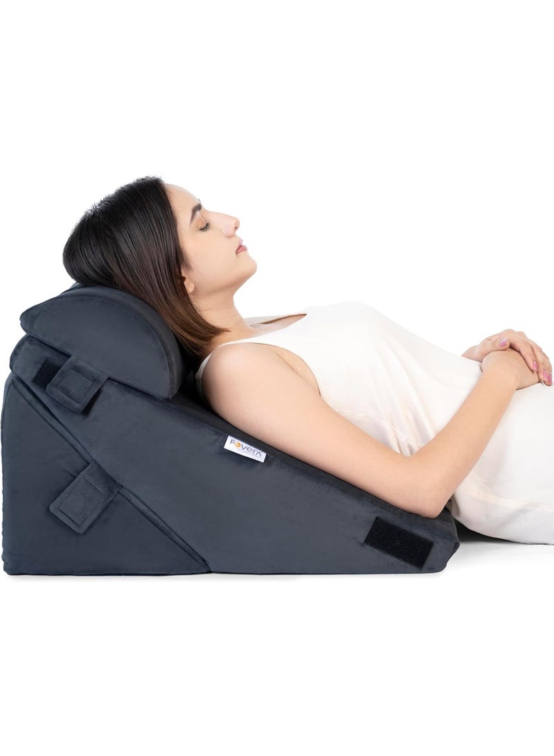 فوفيرا وسادة إسفينية قابلة للتعديل من إسفنج الذاكرة مع مسند للرأس لدعم الظهر في السرير، وارتجاع المريء، والشخير، ومرض الارتجاع المعدي المريئي، ورفع الساق، والحمل (رمادي غامق، 22 × 22 × 12 بوصة) - Image 1