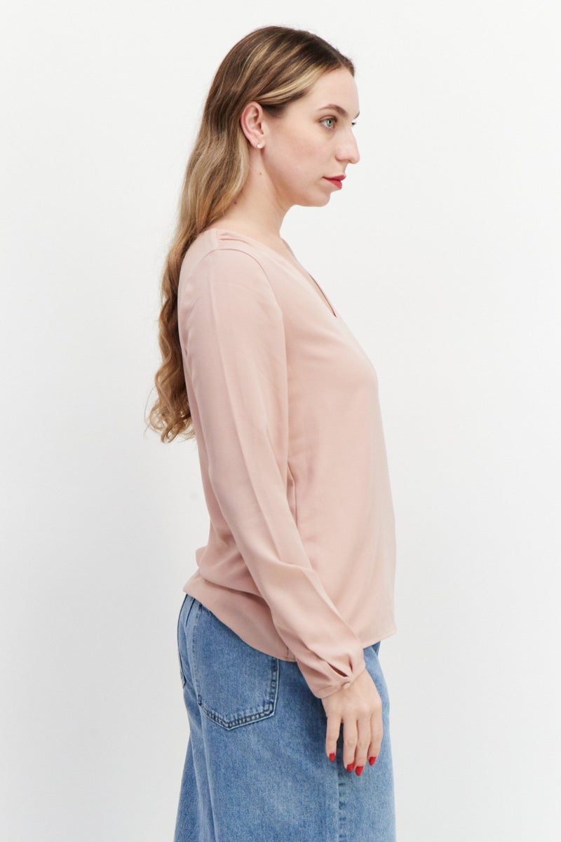 Zero Women U Neck Long Sleeve Plain Top, Old Rose - Image 2