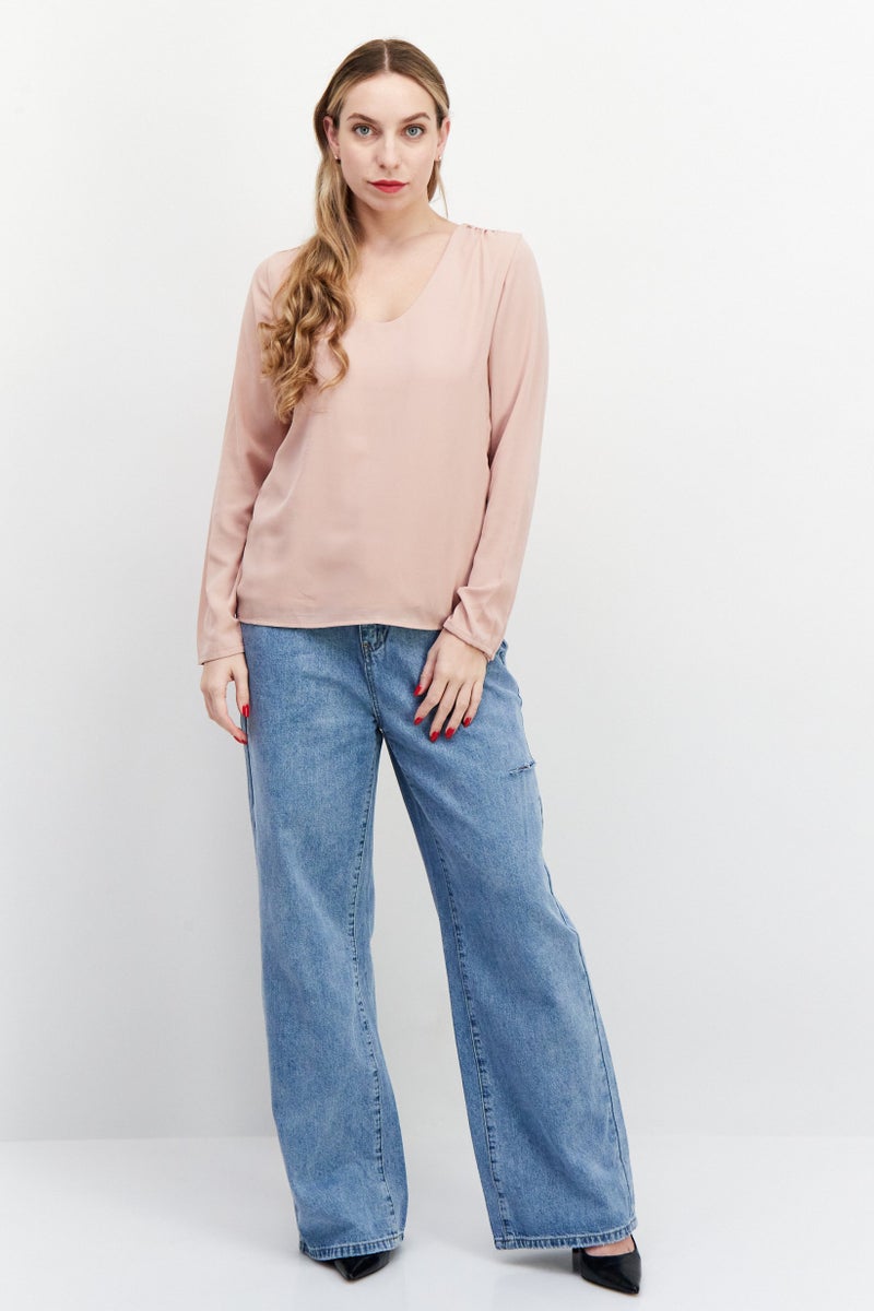 Zero Women U Neck Long Sleeve Plain Top, Old Rose - Image 4