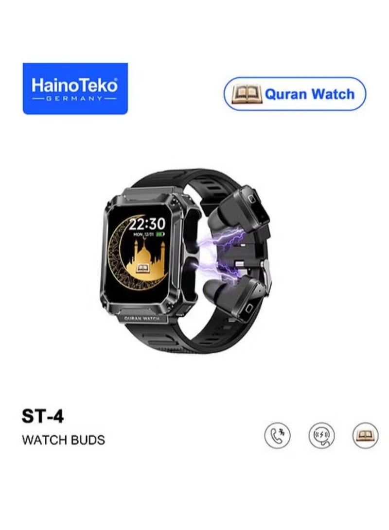 Haino Teko ST4 Smart Watch Buds with Quran Full 114 Chapters & 4GB MP3 Speaker – Bluetooth Smartwatch for Men & Boys | Multi-Functional, Waterproof, Music, Calls, and Fitness Tracking - Image 1