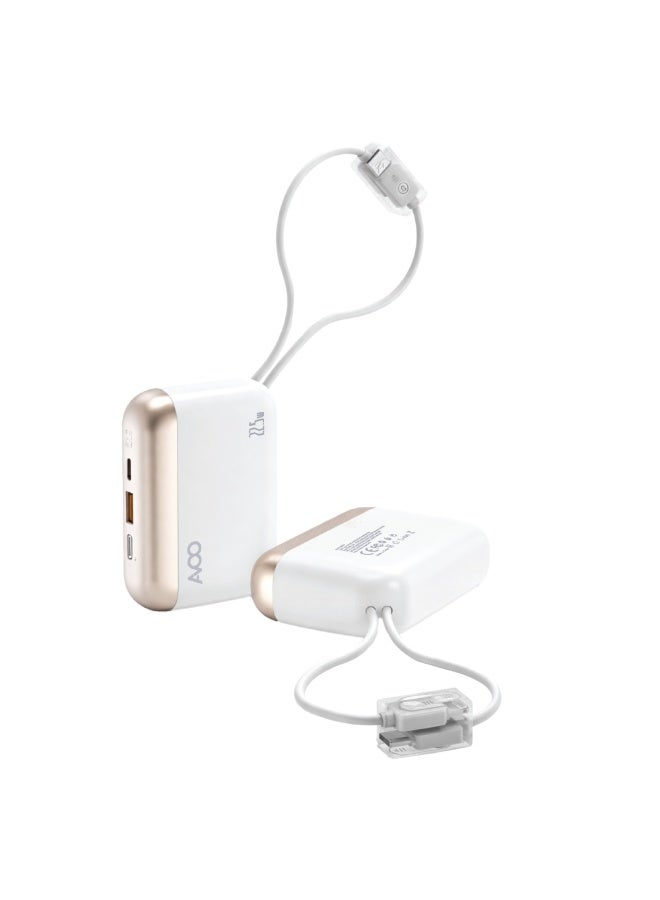AVOO Portable Power Bank 10000mAh Fast Charging 22.5W PD with Dual Built-in Cables (Type-C + iPhone) and USB Ports – Small & Lightweight Portable Battery for iPhone, Samsung & Android – White - Image 2