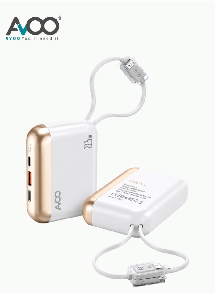 AVOO Portable Power Bank 10000mAh Fast Charging 22.5W PD with Dual Built-in Cables (Type-C + iPhone) and USB Ports – Small & Lightweight Portable Battery for iPhone, Samsung & Android – White - Image 1