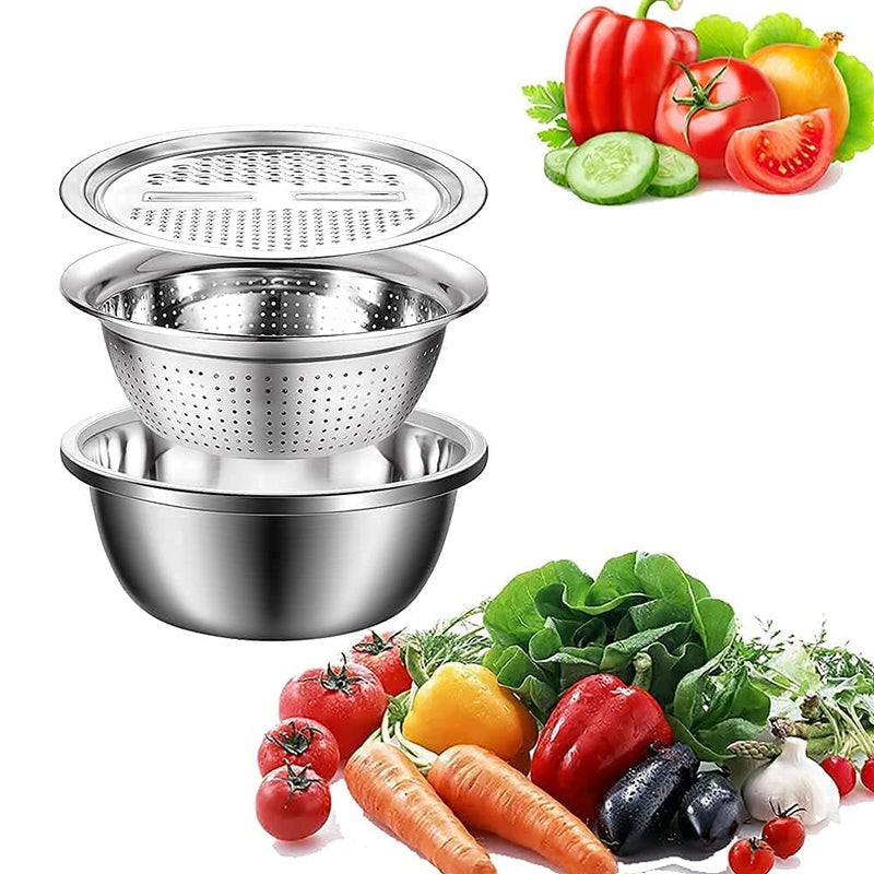 ONTRIP Stainless Steel Mirror Finish 3in1 Multipurpose Drain Basket Grater Basin Bowl Vegetable Slicer for Kitchen Cutting Nesting Strainer for Fruits and Other Items Outer Diameter 26cm - Image 4