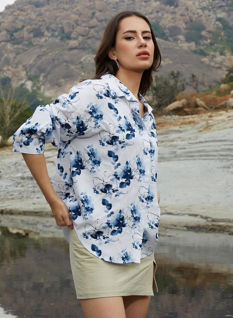 كامبوس سوترا Women's Navy Blue Botanical Strokes Oversized Shirt