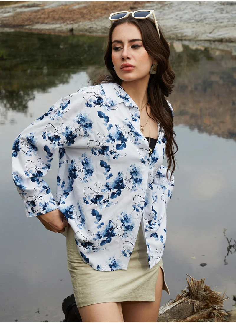 كامبوس سوترا Women's Navy Blue Botanical Strokes Oversized Shirt