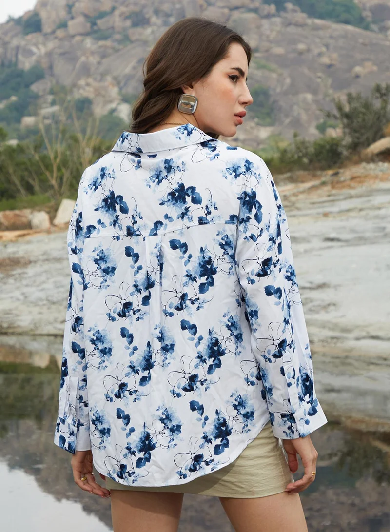 كامبوس سوترا Women's Navy Blue Botanical Strokes Oversized Shirt