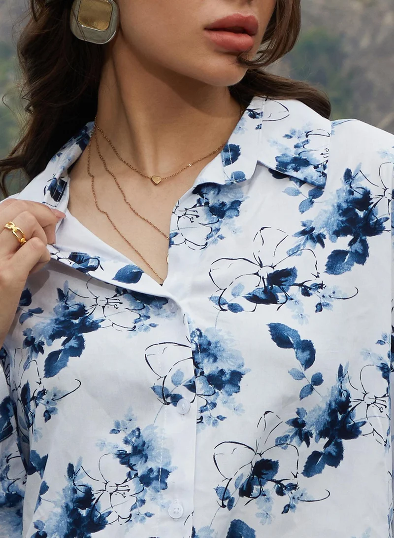 كامبوس سوترا Women's Navy Blue Botanical Strokes Oversized Shirt