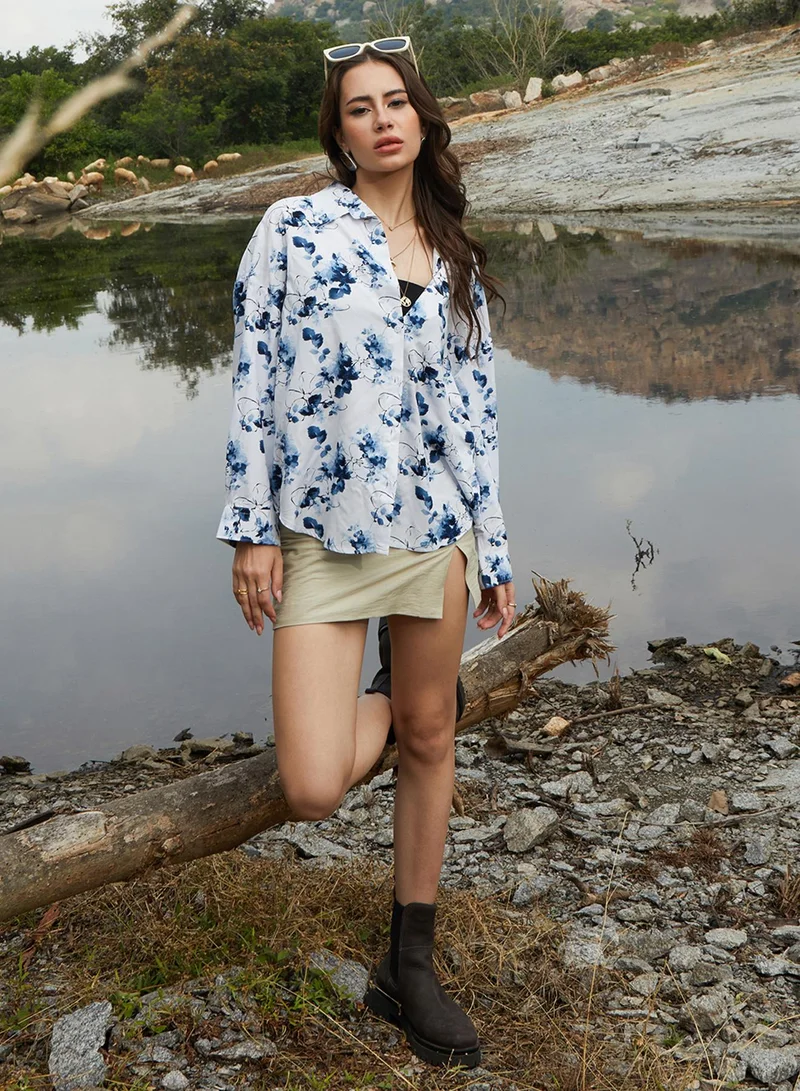 كامبوس سوترا Women's Navy Blue Botanical Strokes Oversized Shirt