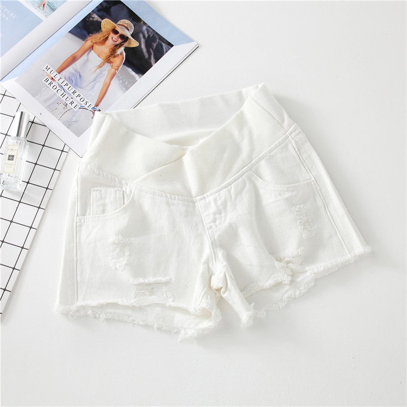 Maternity denim shorts loose summer outer wear low waist 2021 spring and summer fashion large size belly pants white L - Image 5