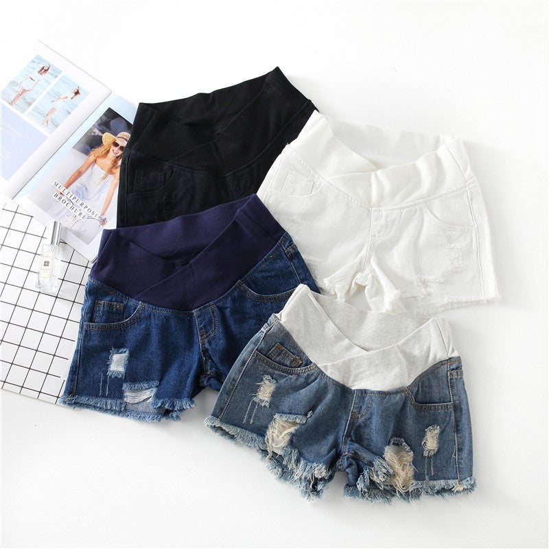 Maternity denim shorts loose summer outer wear low waist 2021 spring and summer fashion large size belly pants white L - Image 2