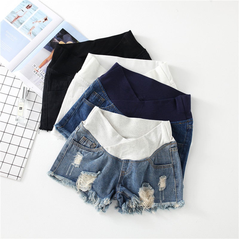 Maternity denim shorts loose summer outer wear low waist 2021 spring and summer fashion large size belly pants white L - Image 3
