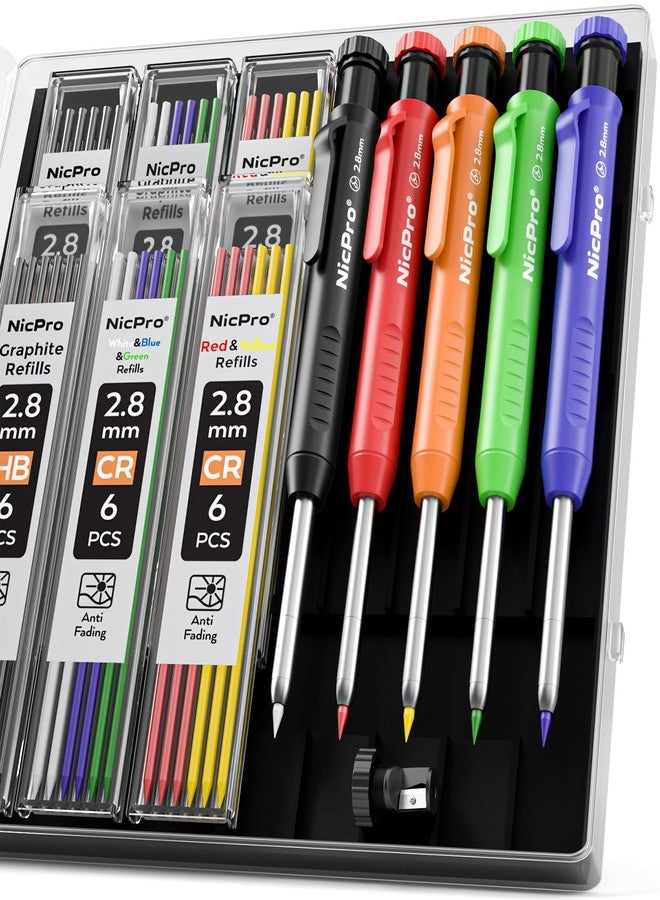 Nicpro 5 Pack Carpenter Pencil with Sharpener, Mechanical Pencils Set with 41 Refills (Red, Black, Yellow, White, Green, Blue), Deep Hole Marker Construction Heavy Duty Woodworking Pencils - With Case - Image 1